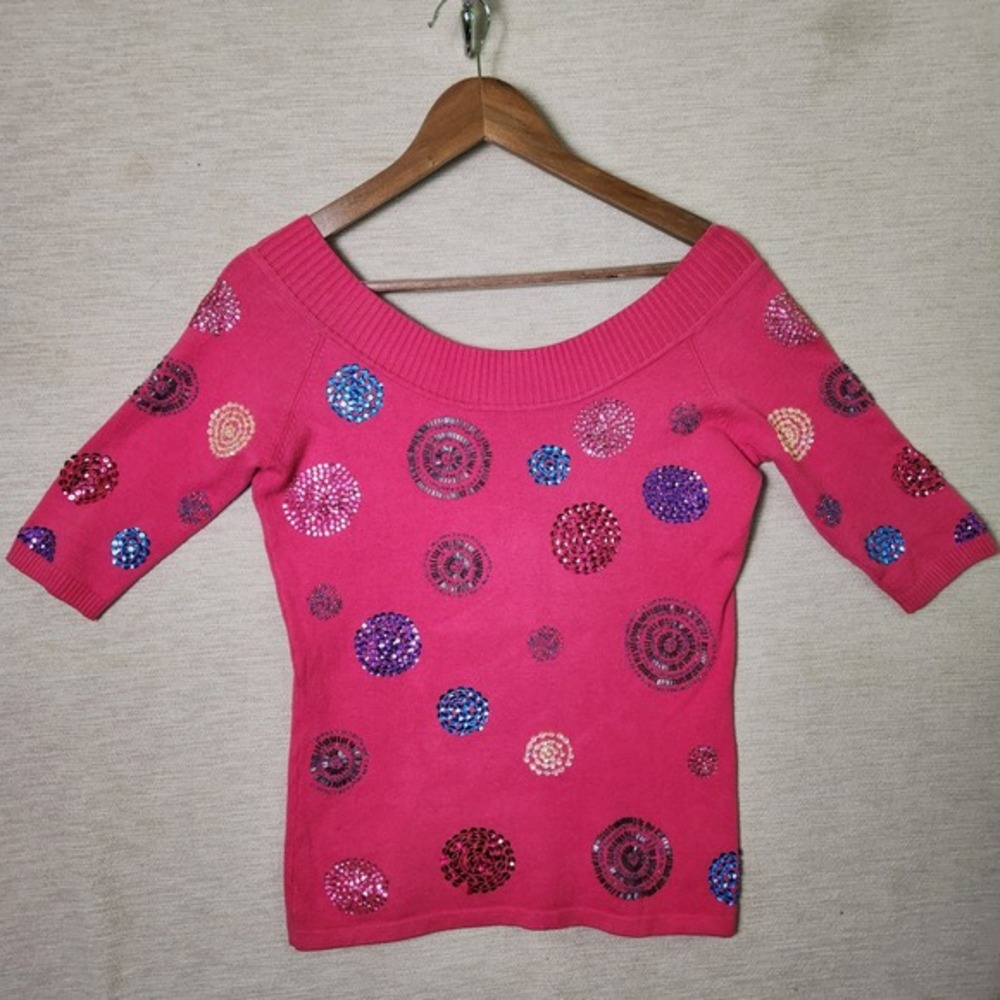 La Loop Pink Sequin Circle Embellished Scoop Neck Knit Top Small 3/4 Sleeve